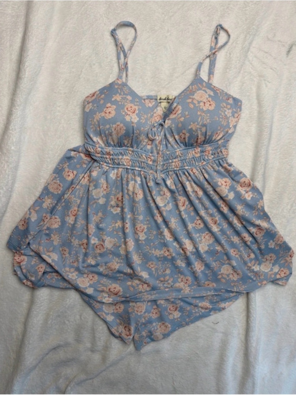 Derek Heart Blue Floral Camisole Romper with Pink Roses
